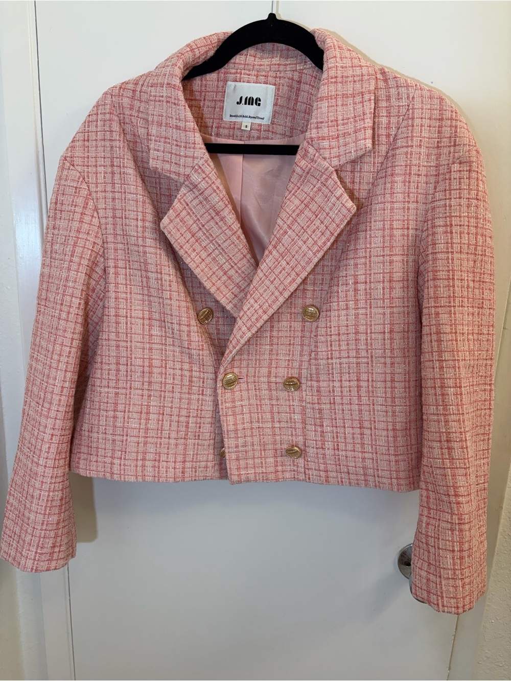 J.ING Pink Tweed Double-Breasted Cropped Blazer